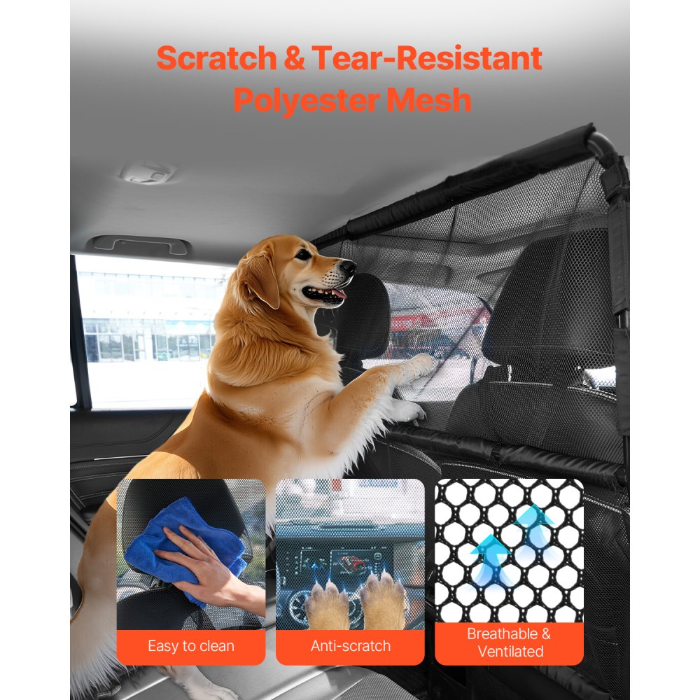 VEVOR Dog Car Barrier, 56" Wide Car Divider for Front Seats Installation, Vehicle Pet Barrier with See Through Net Mesh, Universal-Fit Dog Car Barrier for Full-size Sedans, Trucks, and SUVs, Black