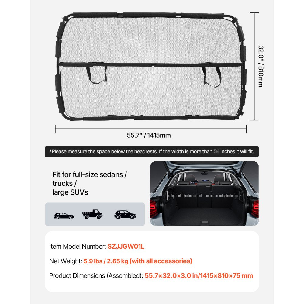 VEVOR Dog Car Barrier, 56" Wide Car Divider for Front Seats Installation, Vehicle Pet Barrier with See Through Net Mesh, Universal-Fit Dog Car Barrier for Full-size Sedans, Trucks, and SUVs, Black