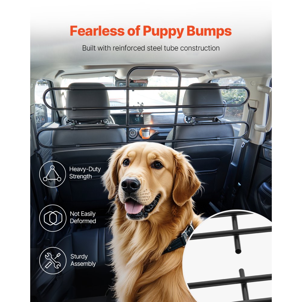 VEVOR Dog Car Barrier, Adjustable Universal-Fit Vehicle Pet Barrier for Cars, Trucks, SUVs, Moves with Your Vehicle, Tilt Slide Recline, Easy Install Dog Car Gate - Strong Metal Tubing Gate Divider