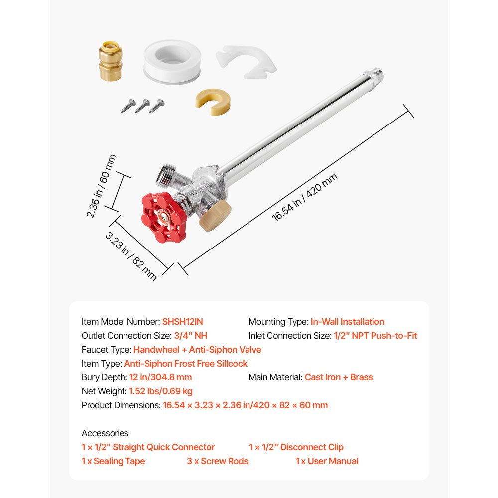 VEVOR Anti-Siphon Frost-Proof Sillcock, 12" Freeze Proof Outdoor Faucet Bib with Backflow Preventer, 1/2" Push-to-Fit Connector X 3/4" Hose Bibb, No Lead Frost-free Spigot for PEX Copper CPVC Pipes