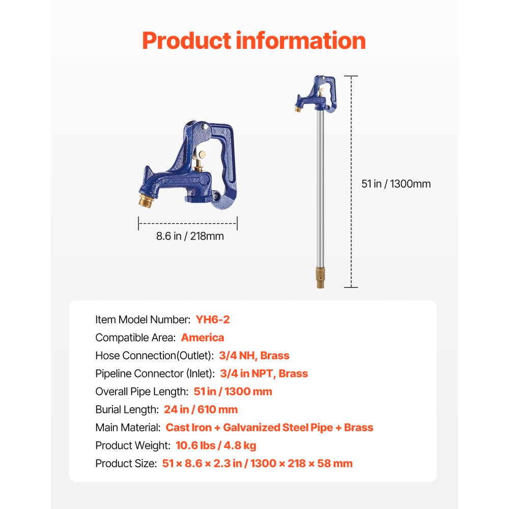 VEVOR Frost Proof Yard Hydrant, 4.25 FT Freeze-Proof Outdoor Faucet with 24" Bury Dept, 3/4" NPT Pipe Connection & 3/4" NH Hose Coupling, Heavy-Duty Cast Iron Hydrant for Yard, Garden, Farm Irrigation