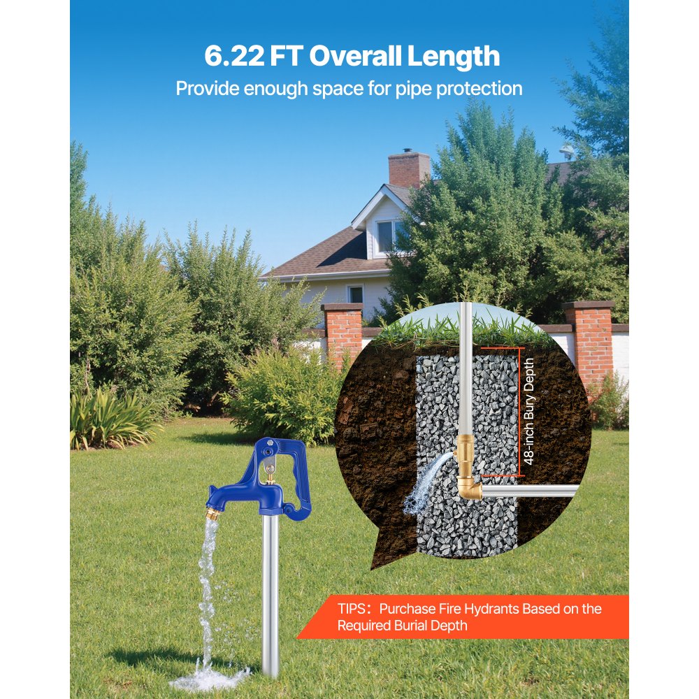 VEVOR Frost Proof Yard Hydrant, 6.22FT Freeze-Proof Outdoor Faucet with 48" Bury Depth, 3/4" NPT Pipe Connection & 3/4" NH Hose Coupling, No Lead Freezeless Hydrant for Yard Garden Farm Irrigation