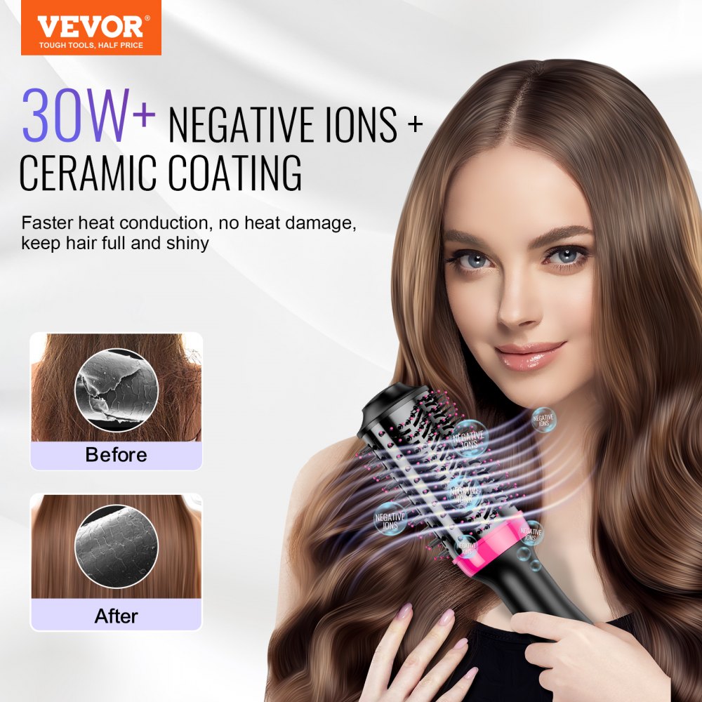 VEVOR Hair Blow Dryer Brush, 4 in 1 Ionic Hair Dryer and Styler Volumizer with 2.56" Ceramic Coating Oval Barrel & 3 Heat Settings, Professional Hot Air Styling Brush for Straightening Drying Curling