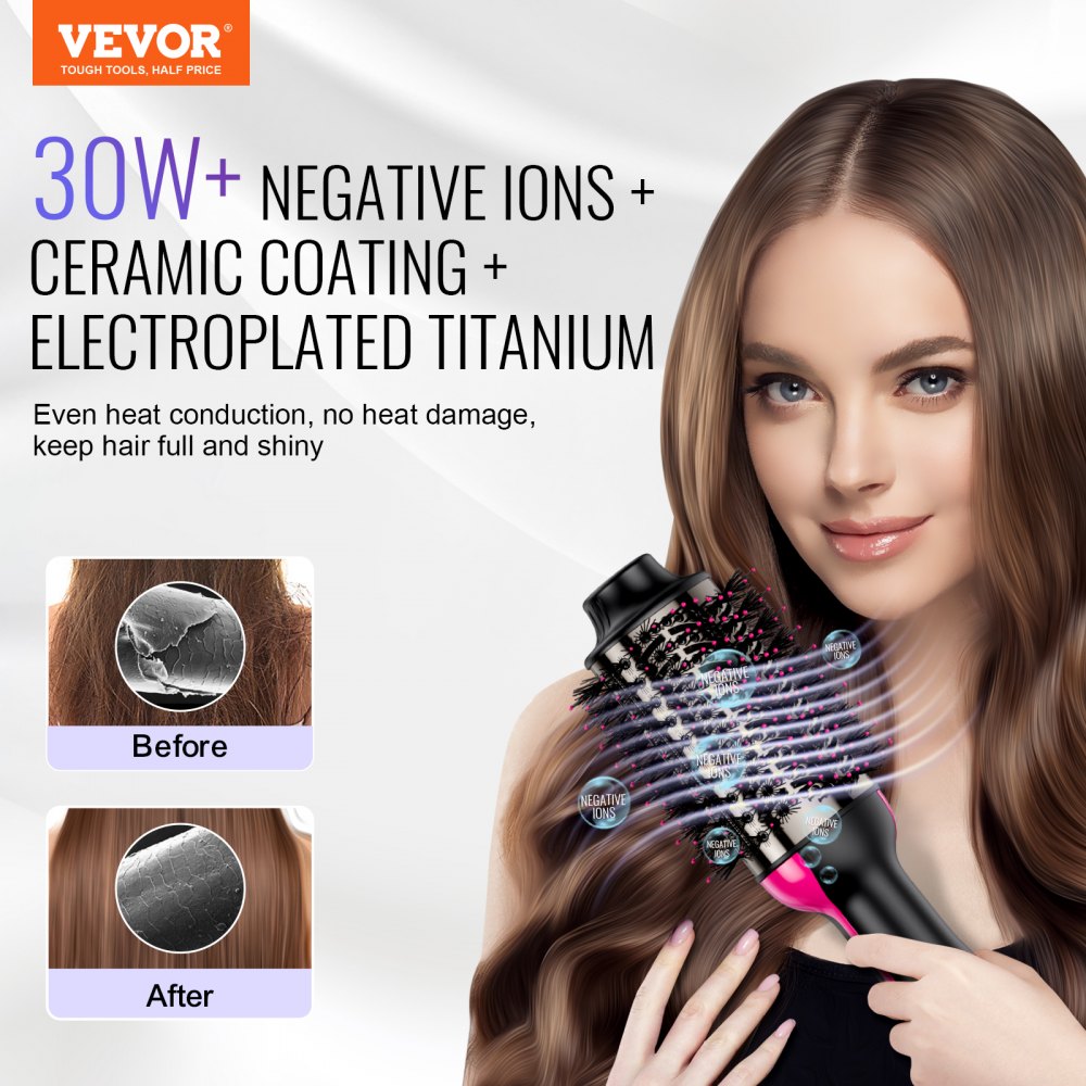 VEVOR Hair Blow Dryer Brush, 4 in 1 Ionic Hair Dryer Styler and Volumizer with Electroplated Titanium & 2.95" Ceramic Coating Oval Barrel, 3-Temp Hot Air Styling Brush for Drying Straightening Curling