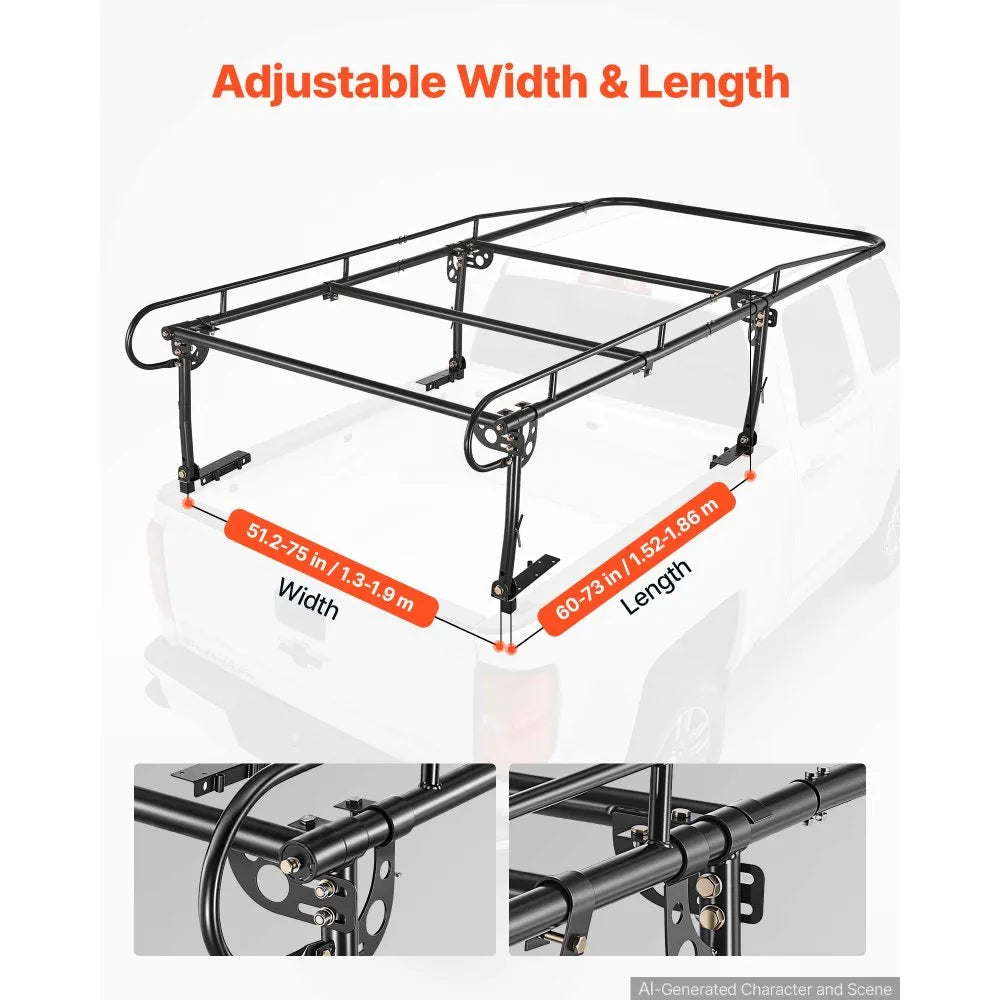 VEVOR Truck Ladder Rack 1500LBS Capacity Universal Over-Cab Trucks Bed Rack, 51.2"-75" Adjustable for Kayak Surfboard Lumber, Non-Drilling Installation, Heavy Duty Steel Support for Long Heavy Cargo
