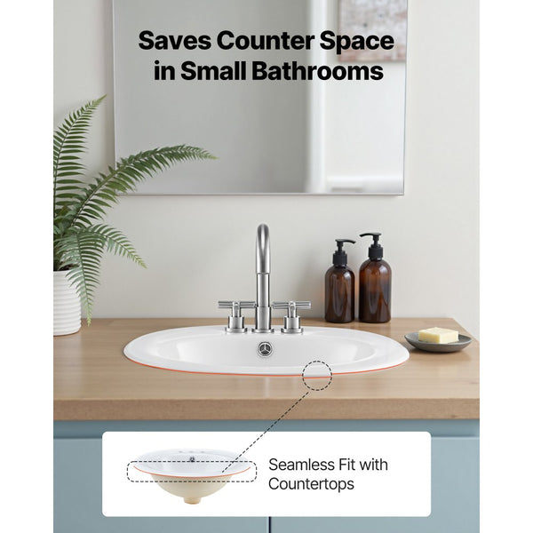 Vevor Bathroom Sink Semi-Recessed Oval White Ceramic Vessel 19.09" x 1 ...