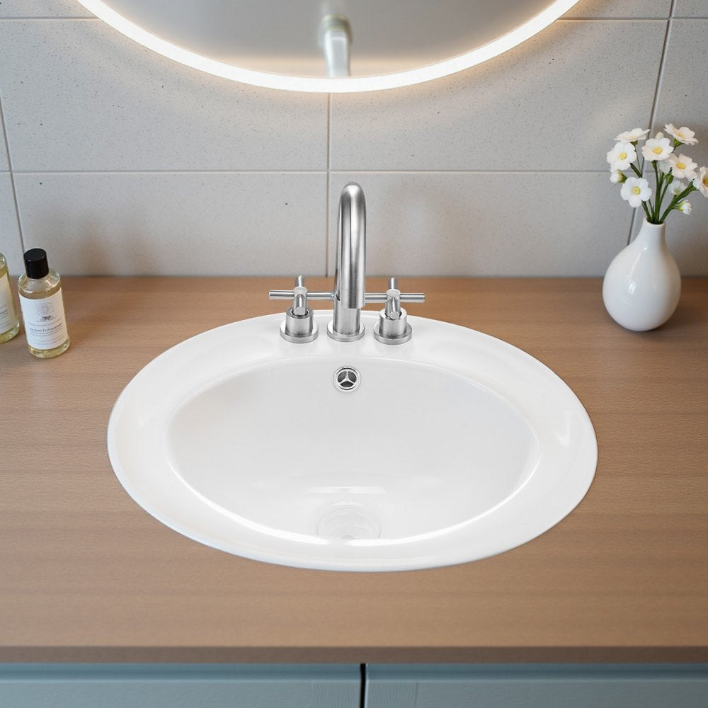 VEVOR Semi Recessed Bathroom Sink, 19.09 x 16.73 Inch Oval White Ceramic Vessel Sink with Overflow Hole and 3 Faucet Holes, Drop in Modern Lavatory Vanity Bath Wash Bowl Basin, Ideal for Small Spaces