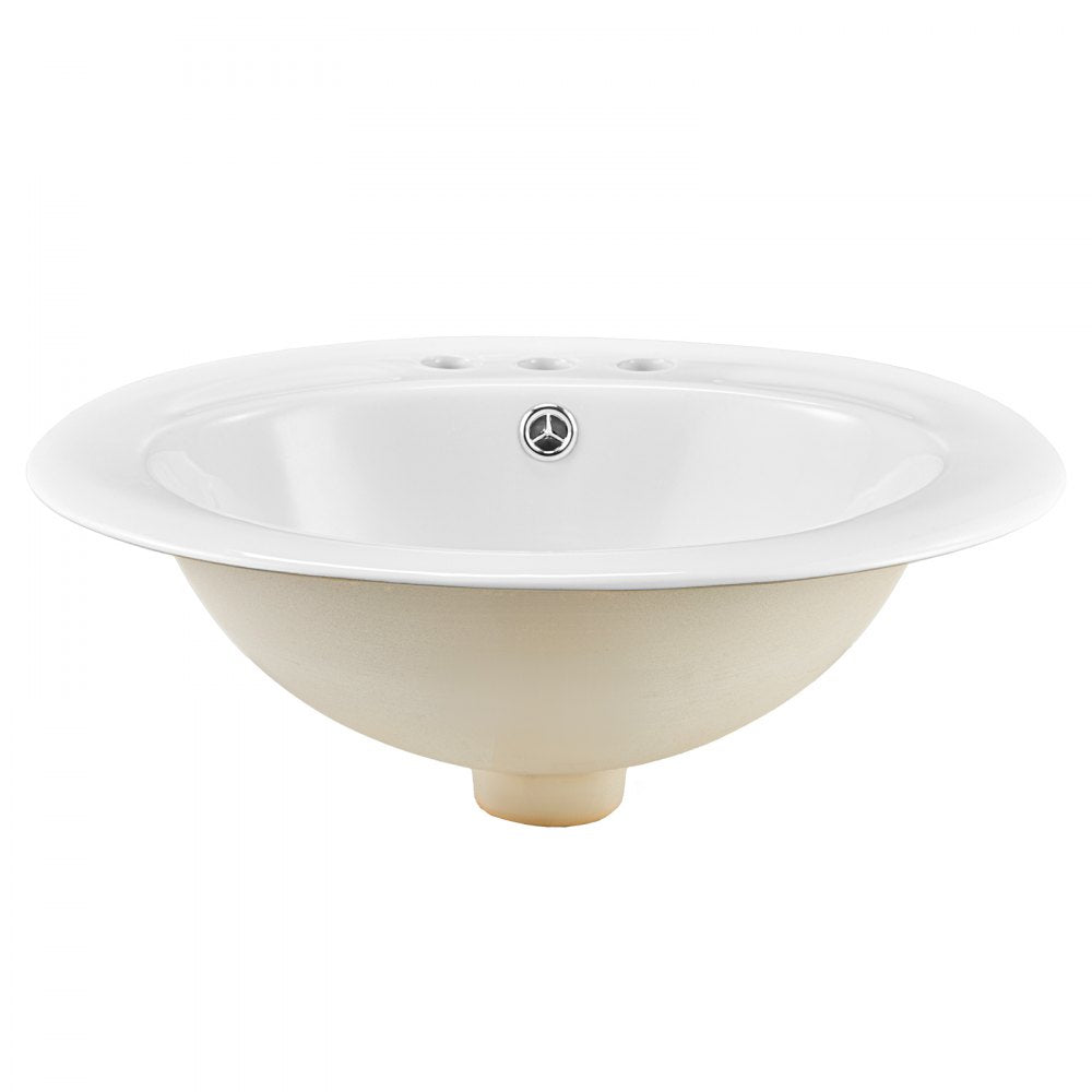 VEVOR Semi Recessed Bathroom Sink, 19.09 x 16.73 Inch Oval White Ceramic Vessel Sink with Overflow Hole and 3 Faucet Holes, Drop in Modern Lavatory Vanity Bath Wash Bowl Basin, Ideal for Small Spaces