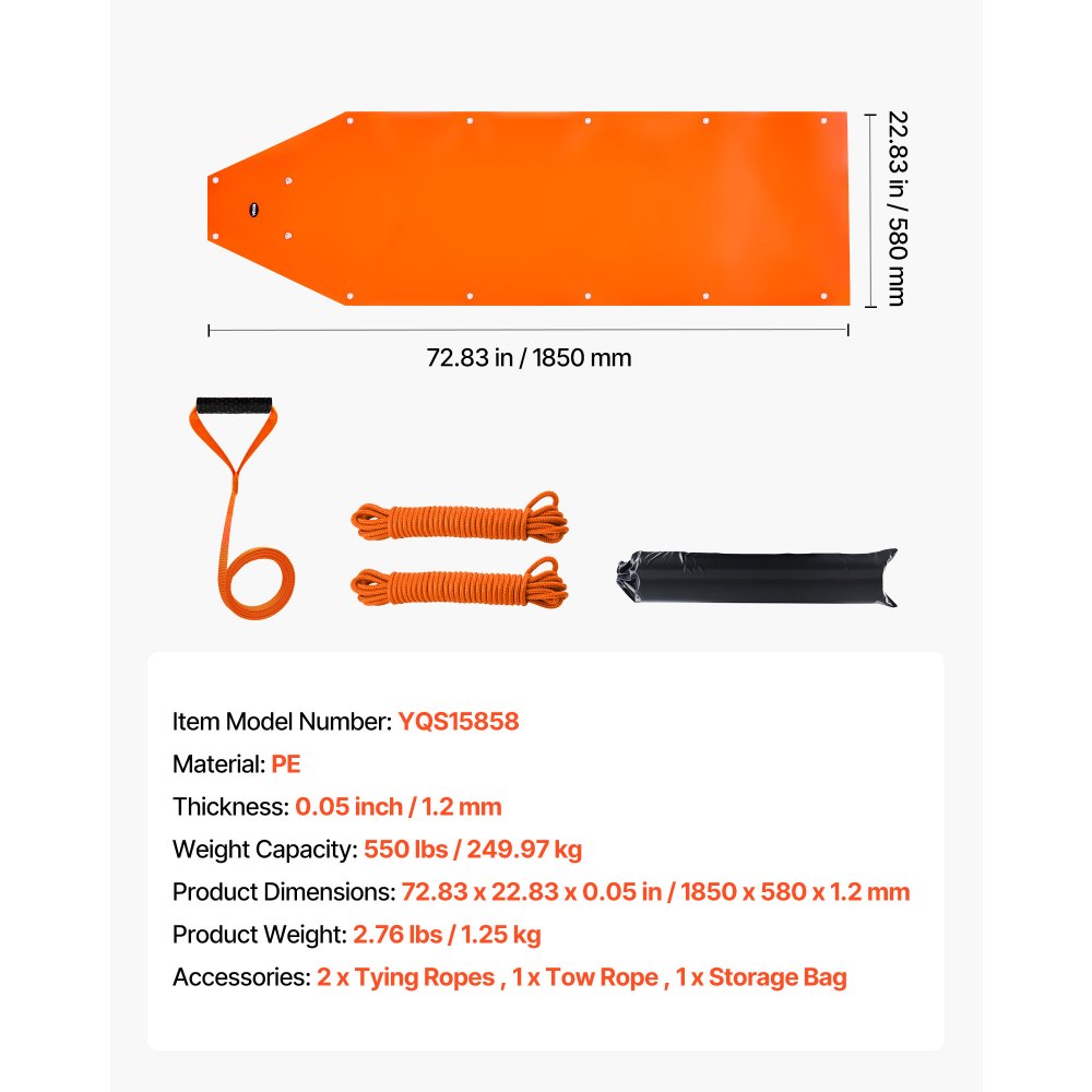 VEVOR Deer Drag Sled, 72.8 x 22.8 in, 550lbs Heavy Duty Yard Utility Sled, Tear-Resistant PE Drag Glider Mat with Ropes & Handle, Thickened Game Hauler for Firewood Ice Fishing Hauling Hunting