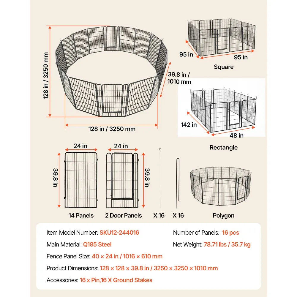 VEVOR Dog Playpen 40 Inch 16 Panels Foldable Metal Exercise Pen Pet Fence, Indoor/Outdoor Heavy Duty Puppy Crate Kennel with Door for Large/Small Dogs and Cats, Portable for RV Camping, Yard, Black