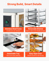 VEVOR Food Display Warmer - stainless steel frame, removable shelves, tray, and door detail graphic