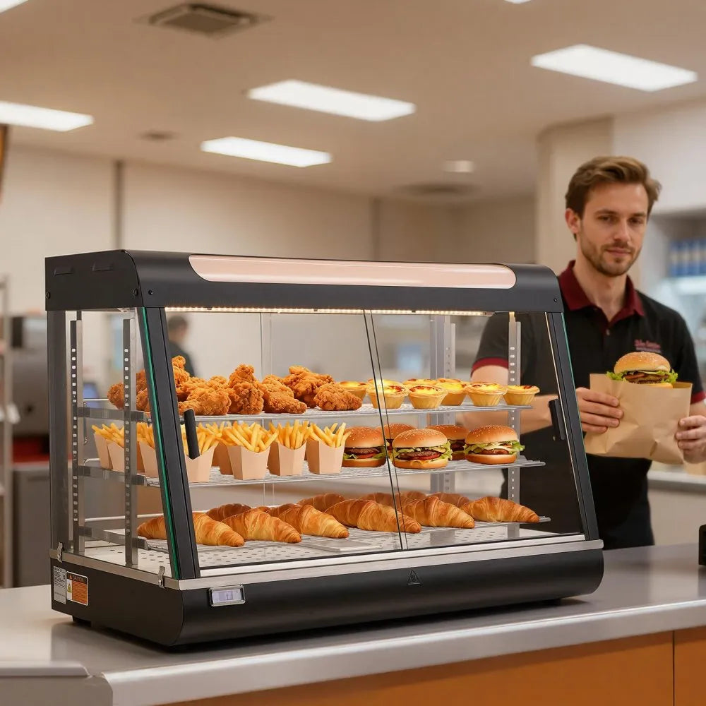 VEVOR 3-Tier Commercial Food Warmer Display, 1400W Food Display Warmer with LED Light, Top Storage and Adjustable Shelves, 86℉~185℉ Steam Heating, 137Qt/130L for Hamburger, Pizza, Bread, Fried Chicken