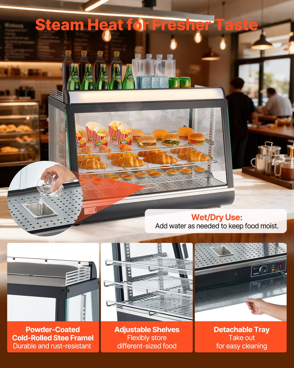 VEVOR steam heat wet/dry use with adjustable shelves and detachable tray - feature graphic