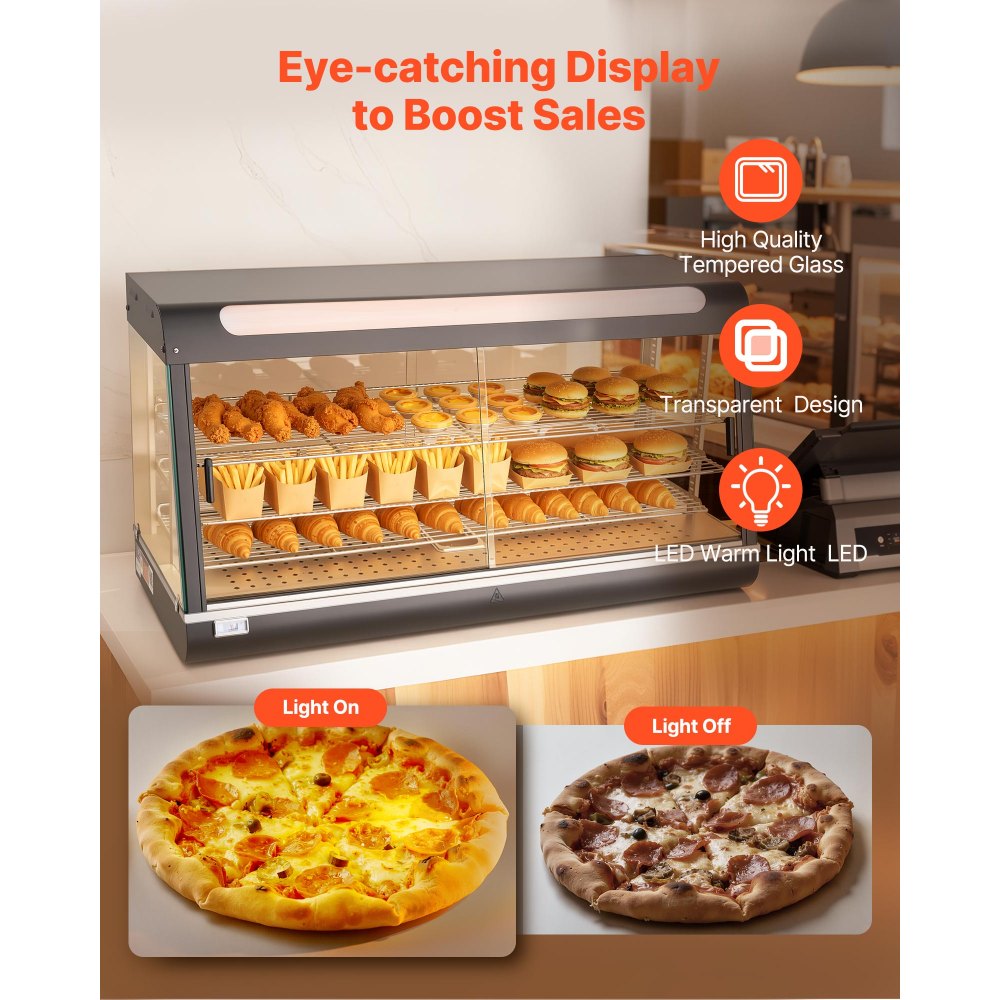 VEVOR 3-Tier Commercial Food Warmer Display, 1600W Food Display Warmer with LED Light, Top Storage and Adjustable Shelves, 86℉~185℉ Steam Heating, 190Qt/180L for Hamburger, Pizza, Bread, Fried Chicken