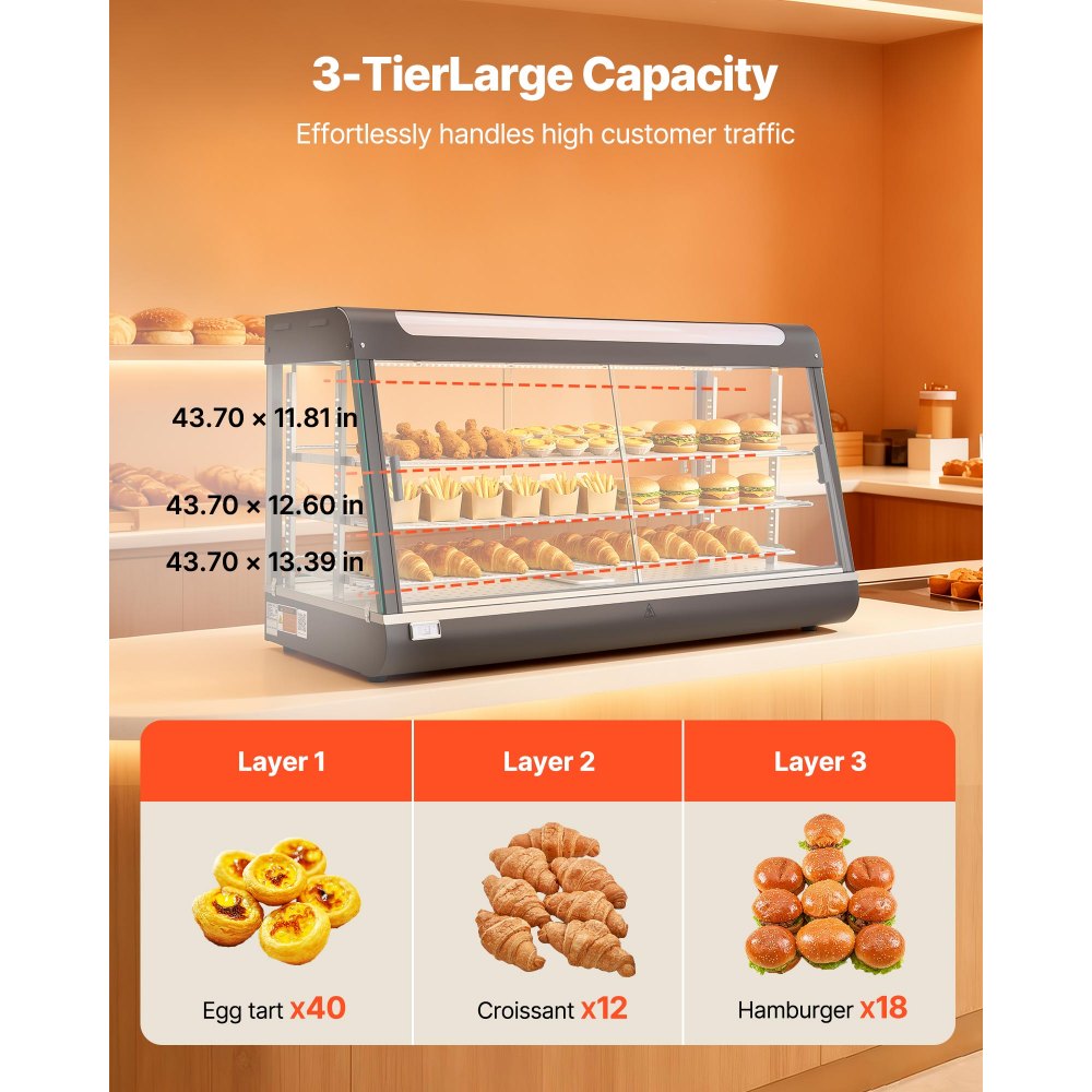 VEVOR 3-Tier Commercial Food Warmer Display, 1600W Food Display Warmer with LED Light, Top Storage and Adjustable Shelves, 86℉~185℉ Steam Heating, 190Qt/180L for Hamburger, Pizza, Bread, Fried Chicken