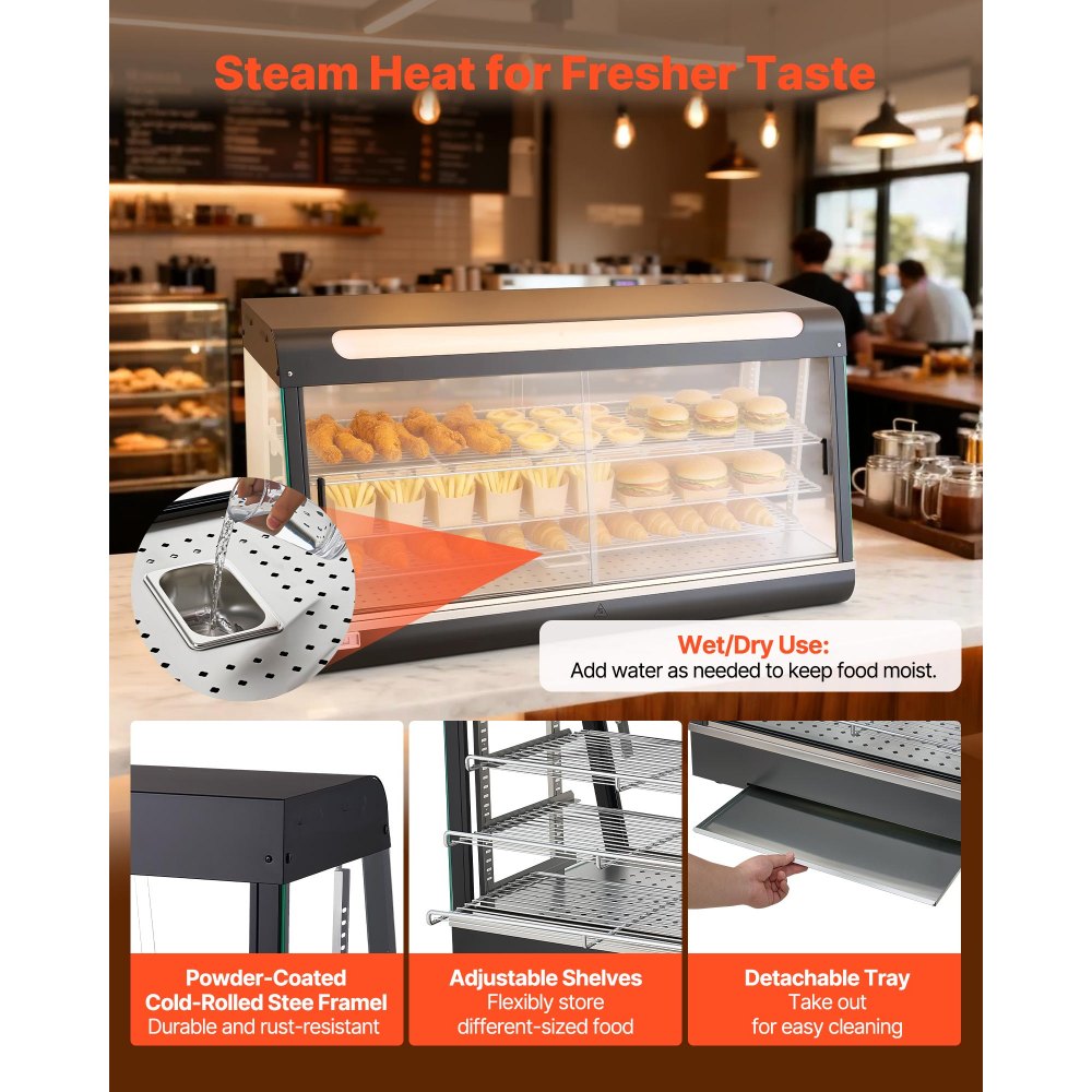 VEVOR 3-Tier Commercial Food Warmer Display, 1600W Food Display Warmer with LED Light, Top Storage and Adjustable Shelves, 86℉~185℉ Steam Heating, 190Qt/180L for Hamburger, Pizza, Bread, Fried Chicken