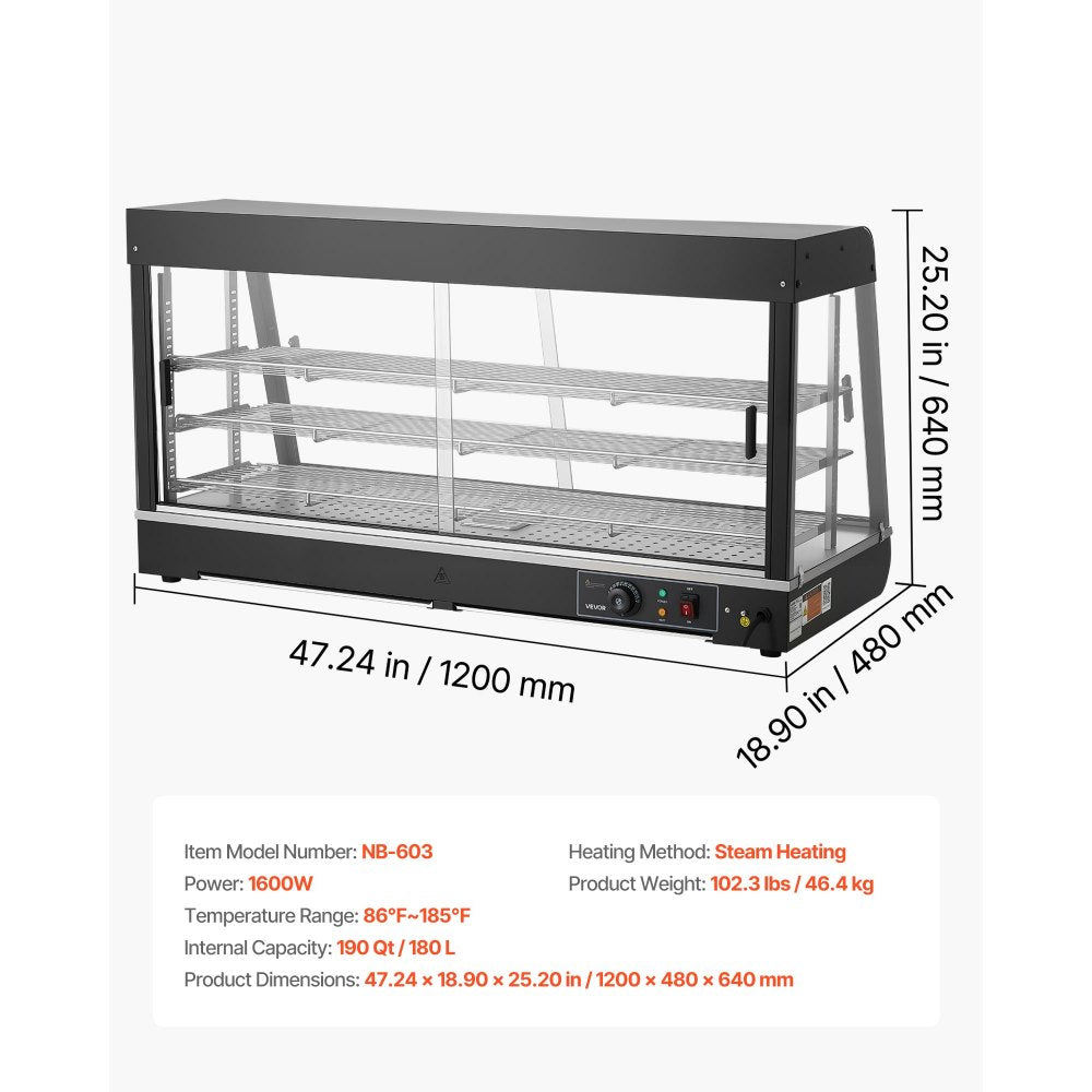 VEVOR 3-Tier Commercial Food Warmer Display, 1600W Food Display Warmer with LED Light, Top Storage and Adjustable Shelves, 86℉~185℉ Steam Heating, 190Qt/180L for Hamburger, Pizza, Bread, Fried Chicken