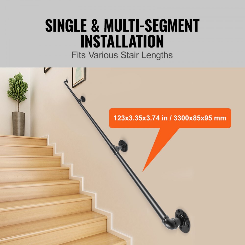 VEVOR Pipe Stair Handrail, 11FT Staircase Handrail, 440LBS Load Capacity Carbon Steel Pipe Handrail, Industrial Pipe Handrail with Wall Mount Support, Round Corner Wall Handrailing for Indoor, Outdoor