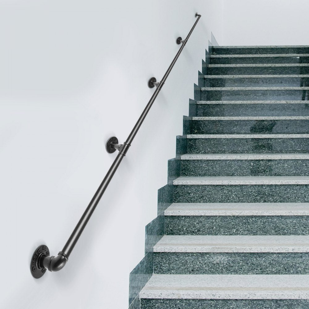 VEVOR Pipe Stair Handrail, 13FT Staircase Handrail, 440LBS Load Capacity Carbon Steel Pipe Handrail, Industrial Pipe Handrail with Wall Mount Support, Round Corner Wall Handrailing for Indoor, Outdoor