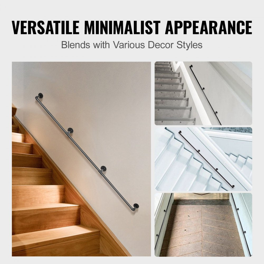 VEVOR Pipe Stair Handrail, 8FT Staircase Handrail, 440LBS Load Capacity Carbon Steel Pipe Handrail, Industrial Pipe Handrail with Wall Mount Support, Round Corner Wall Handrailings for Indoor, Outdoor