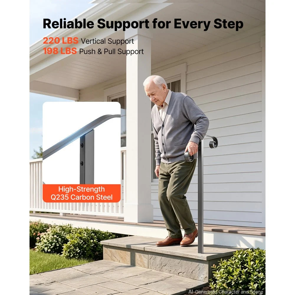 VEVOR Handrails for Outdoor Steps, 1-2 Step Single-Post Stair Hand Rail Kit, Gray Stair Rails for Seniors, Concrete Steps & Porch & Deck, Heavy-Duty Galvanized Steel Railings w/ Installation Hardware