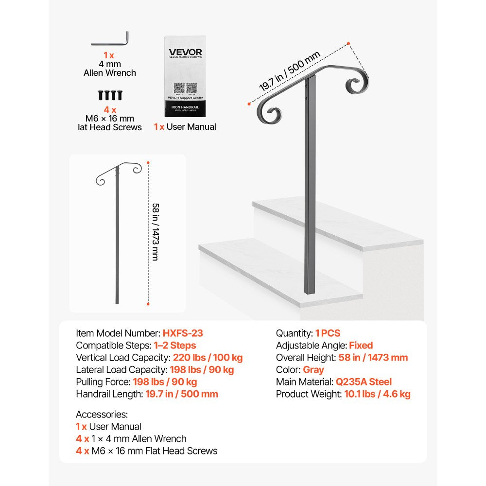 VEVOR Handrails for Outdoor Steps, 1-2 Step Single-Post Stair Hand Rail Kit, Gray Stair Rails for Seniors, Concrete Steps & Porch & Deck, Heavy-Duty Galvanized Steel Railings w/ Installation Hardware