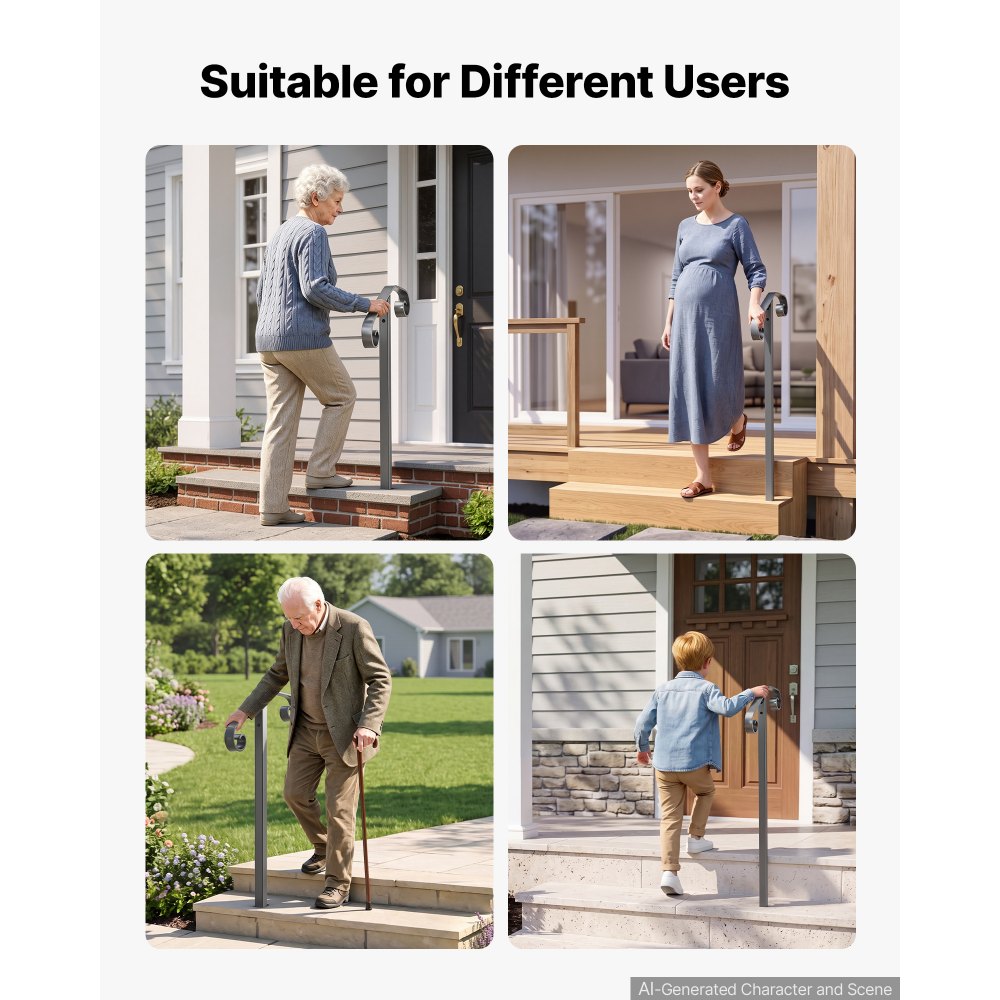 VEVOR Handrails for Outdoor Steps, 1-2 Step Single-Post Stair Hand Rail Kit, Gray Stair Rails for Seniors, Concrete Steps & Porch & Deck, Heavy-Duty Galvanized Steel Railings w/ Installation Hardware