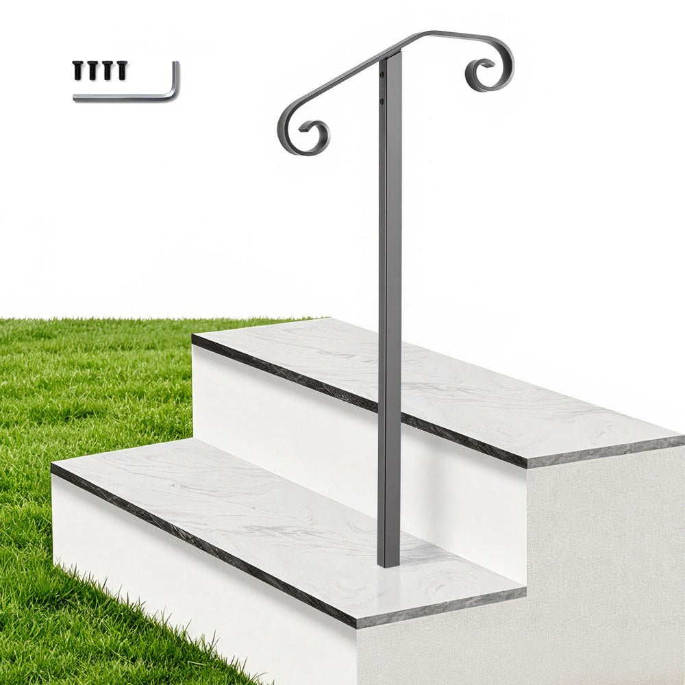 VEVOR Handrails for Outdoor Steps, 1-2 Step Single-Post Stair Hand Rail Kit, Gray Stair Rails for Seniors, Concrete Steps & Porch & Deck, Heavy-Duty Galvanized Steel Railings w/ Installation Hardware