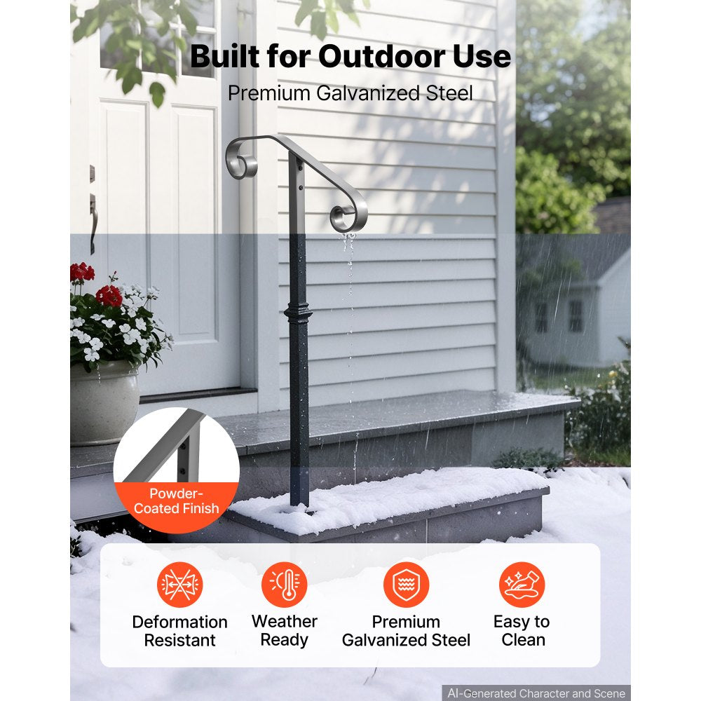 VEVOR Handrails for Outdoor Steps, 1-2 Step Single-Post Stair Hand Rail Kit, Gray Stair Rails for Seniors, Concrete Steps & Porch & Deck, Heavy-Duty Galvanized Steel Railings w/ Base & Installation Kit