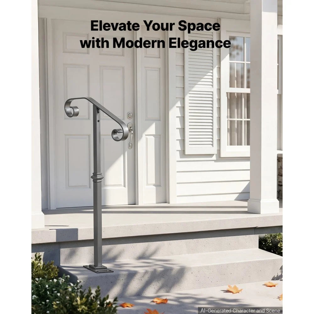 VEVOR Handrails for Outdoor Steps, 1-2 Step Single-Post Stair Hand Rail Kit, Gray Stair Rails for Seniors, Concrete Steps & Porch & Deck, Heavy-Duty Galvanized Steel Railings w/ Base & Installation Kit