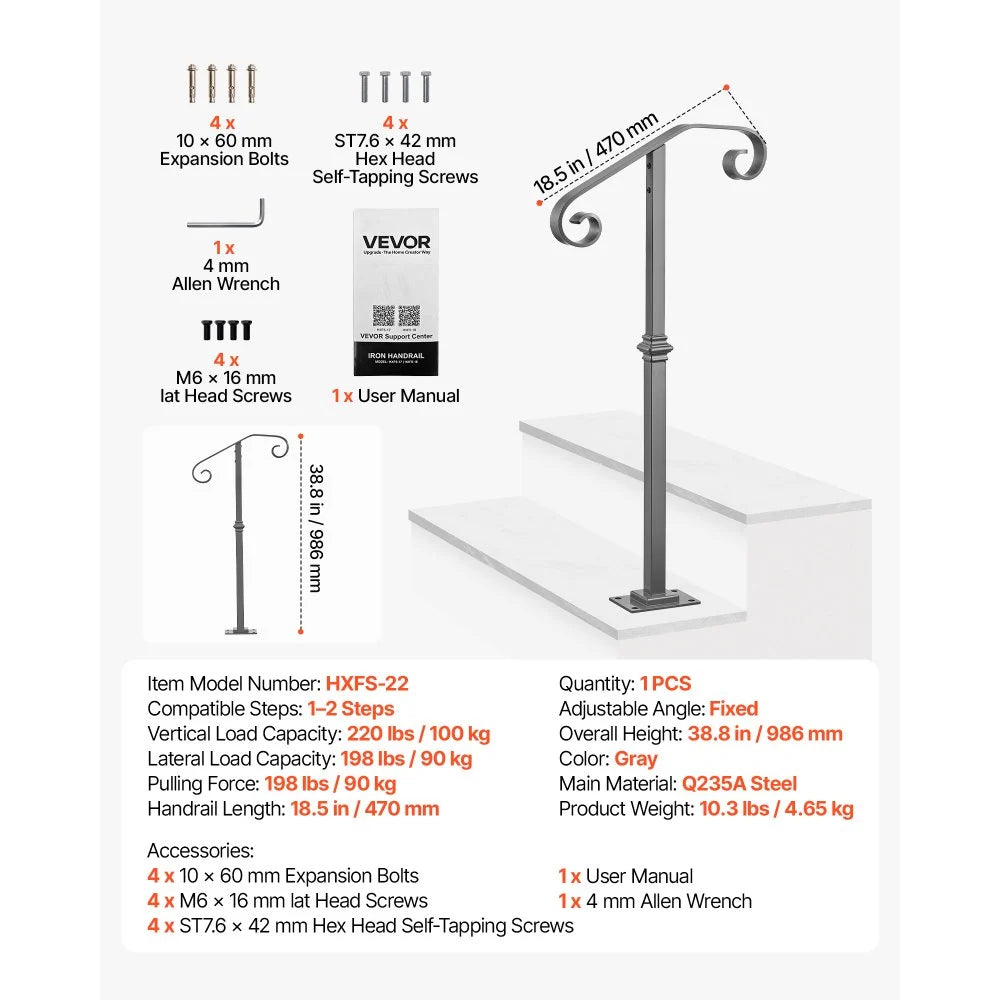 VEVOR Handrails for Outdoor Steps, 1-2 Step Single-Post Stair Hand Rail Kit, Gray Stair Rails for Seniors, Concrete Steps & Porch & Deck, Heavy-Duty Galvanized Steel Railings w/ Base & Installation Kit
