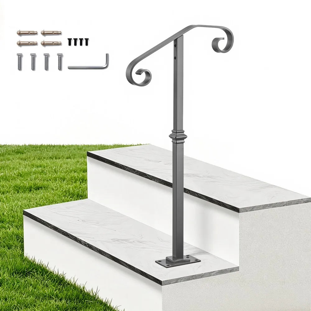 VEVOR Handrails for Outdoor Steps, 1-2 Step Single-Post Stair Hand Rail Kit, Gray Stair Rails for Seniors, Concrete Steps & Porch & Deck, Heavy-Duty Galvanized Steel Railings w/ Base & Installation Kit