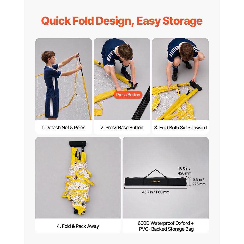 VEVOR Soccer Goal 12 x 6 FT Soccer Net for Backyard Collapsible Base Yellow, Portable & Quick Setup, with Metal Base, Carry Bag, Ground Stakes, for Youth & Adults Outdoor Backyard Practice Training