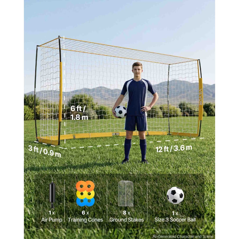 VEVOR Soccer Goal 12 x 6 FT Soccer Net for Backyard Collapsible Base Yellow, Portable & Quick Setup, with Metal Base, Carry Bag, Ground Stakes, for Youth & Adults Outdoor Backyard Practice Training