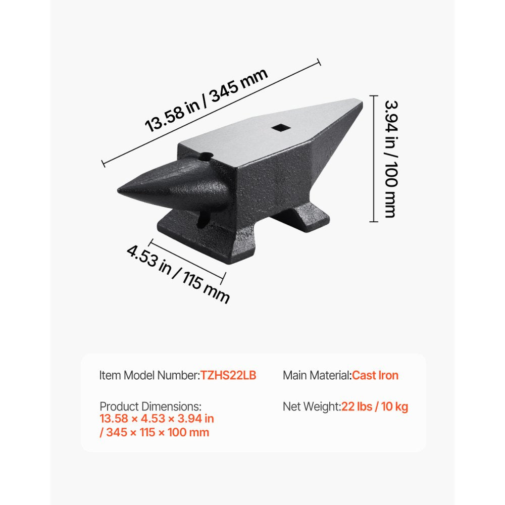 VEVOR Cast Iron Anvil, 22 Lbs/10kg Single Horn Anvil, with Large Countertop and Stable Base, High Hardness Rugged Round Horn Anvil Blacksmith, for Shaping, Bending