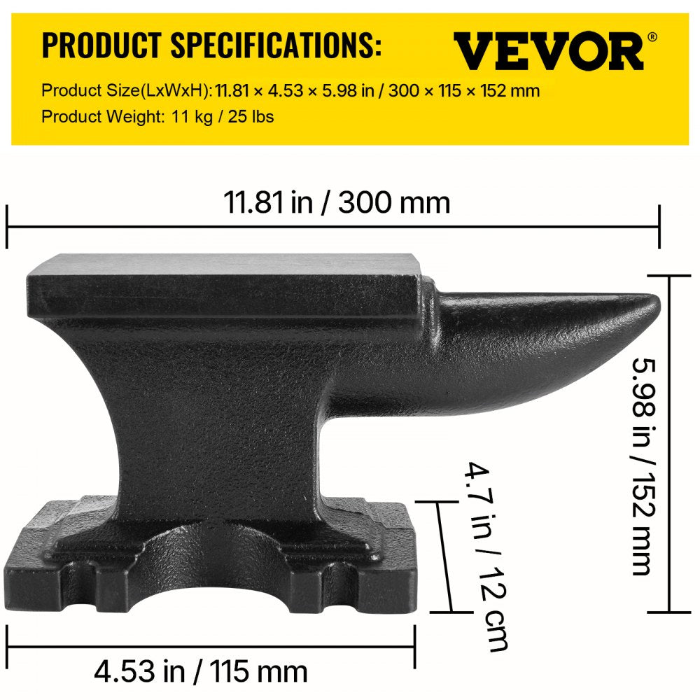 VEVOR Cast Iron Anvil, 25 Lbs(11kg) Single Horn Anvil with 6.8 x 3.5 inch Countertop and Stable Base, High Hardness Rugged Round Horn Anvil Blacksmith, for Bending, Shaping