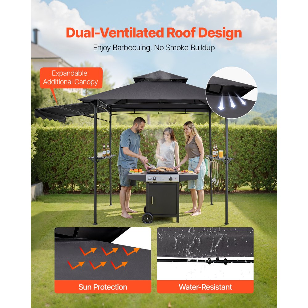 VEVOR Grill Gazebo, 8 x 5 ft Double-Tiered Top, BBQ Gazebo with Extra Awning, Powder-Coated Steel Patio Grill Shelter with 2 Side Shelves, Bottle Opener & Hooks, Outdoor Grilling Canopy for Garden