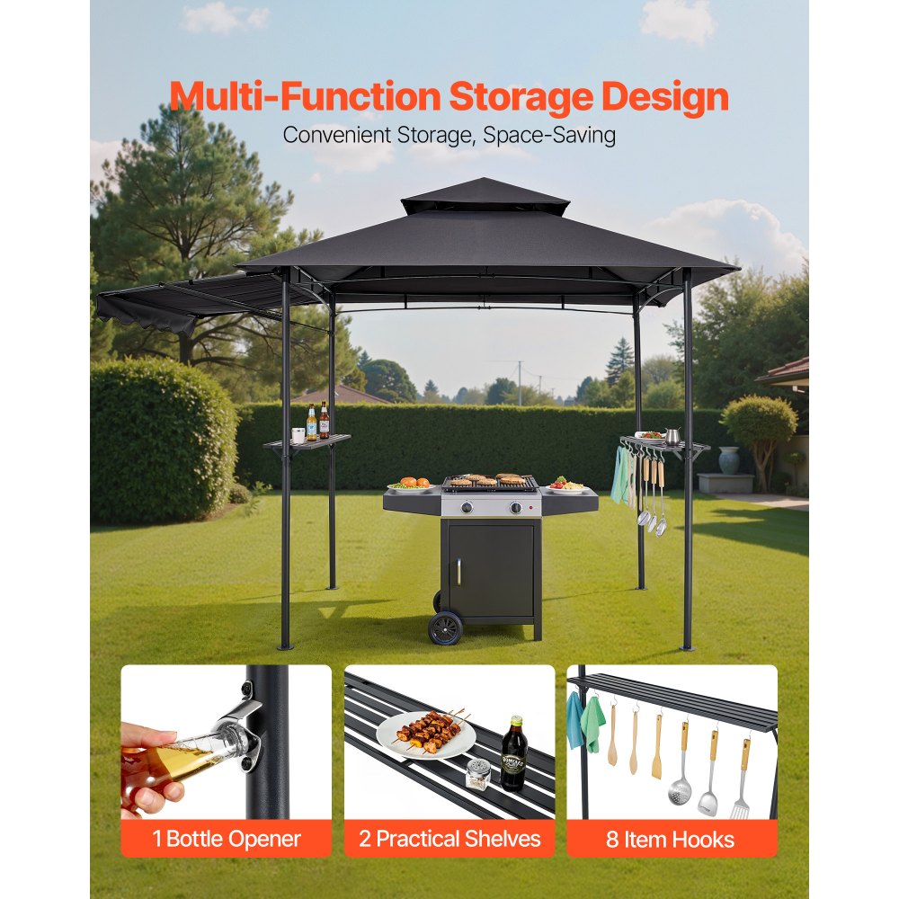 VEVOR Grill Gazebo, 8 x 5 ft Double-Tiered Top, BBQ Gazebo with Extra Awning, Powder-Coated Steel Patio Grill Shelter with 2 Side Shelves, Bottle Opener & Hooks, Outdoor Grilling Canopy for Garden