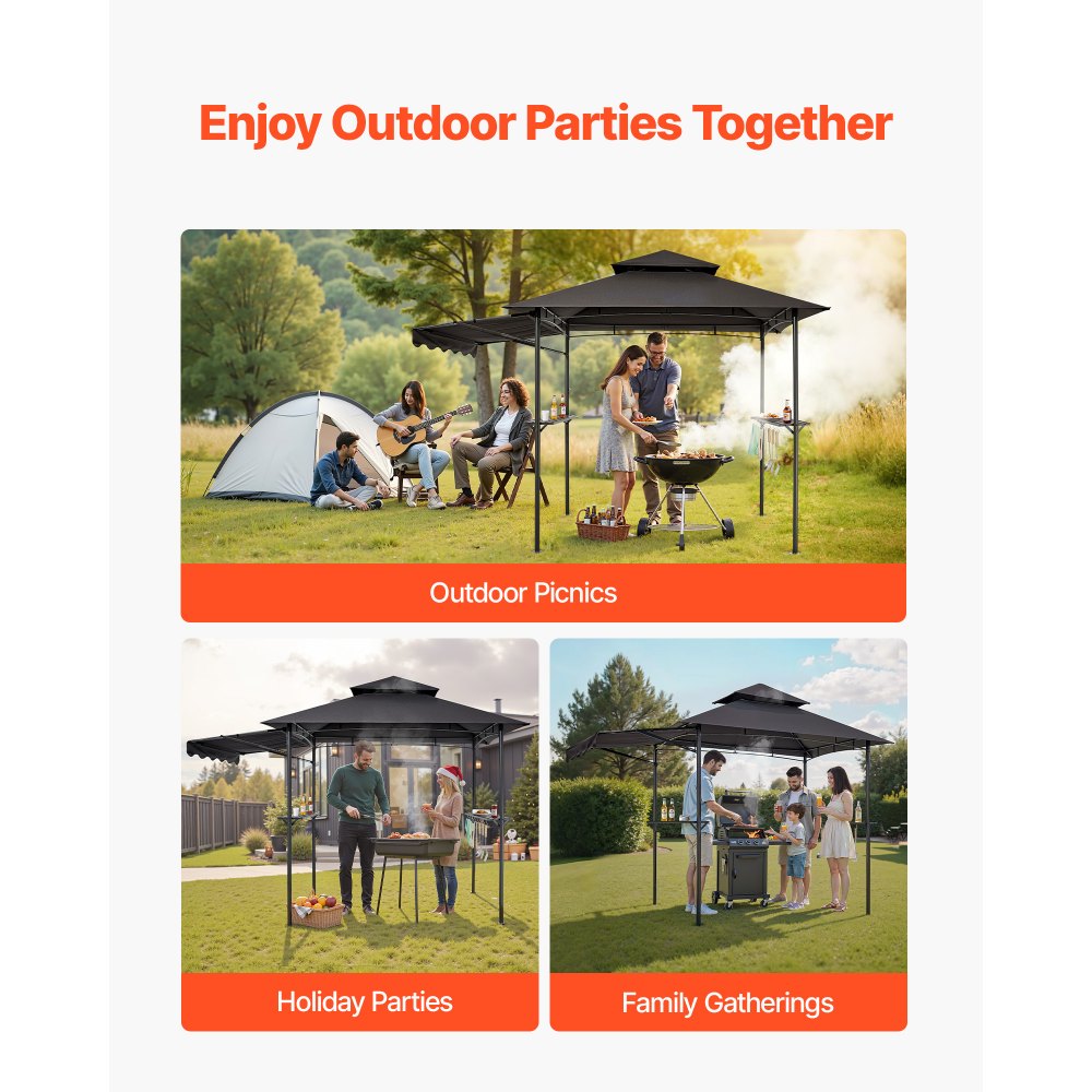VEVOR Grill Gazebo, 8 x 5 ft Double-Tiered Top, BBQ Gazebo with Extra Awning, Powder-Coated Steel Patio Grill Shelter with 2 Side Shelves, Bottle Opener & Hooks, Outdoor Grilling Canopy for Garden