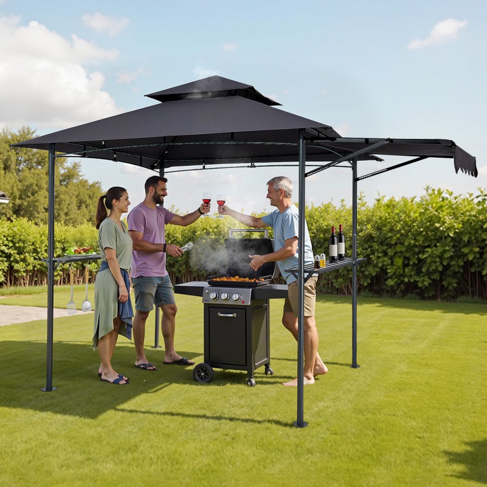 VEVOR Grill Gazebo, 8 x 5 ft Double-Tiered Top, BBQ Gazebo with Extra Awning, Powder-Coated Steel Patio Grill Shelter with 2 Side Shelves, Bottle Opener & Hooks, Outdoor Grilling Canopy for Garden