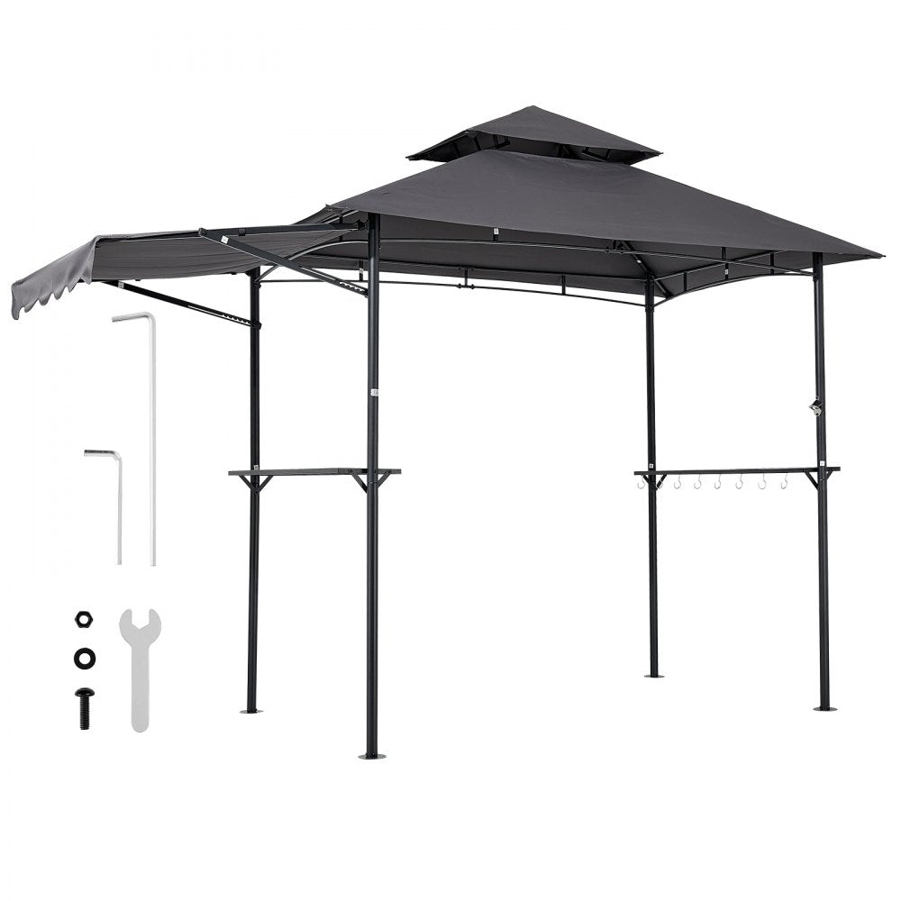 VEVOR Grill Gazebo, 8 x 5 ft Double-Tiered Top, BBQ Gazebo with Extra Awning, Powder-Coated Steel Patio Grill Shelter with 2 Side Shelves, Bottle Opener & Hooks, Outdoor Grilling Canopy for Garden