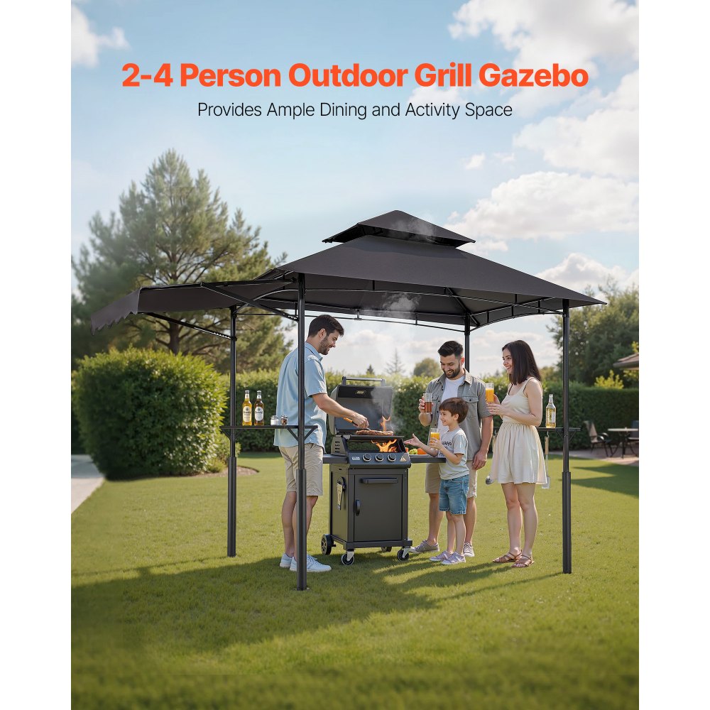 VEVOR Grill Gazebo, 8 x 5 ft Double-Tiered Top, Reinforced BBQ Gazebo with Extra Awning, Powder-Coated Steel Patio Grill Shelter with 2 Side Shelves & Hooks, Outdoor Grilling Canopy for Garden