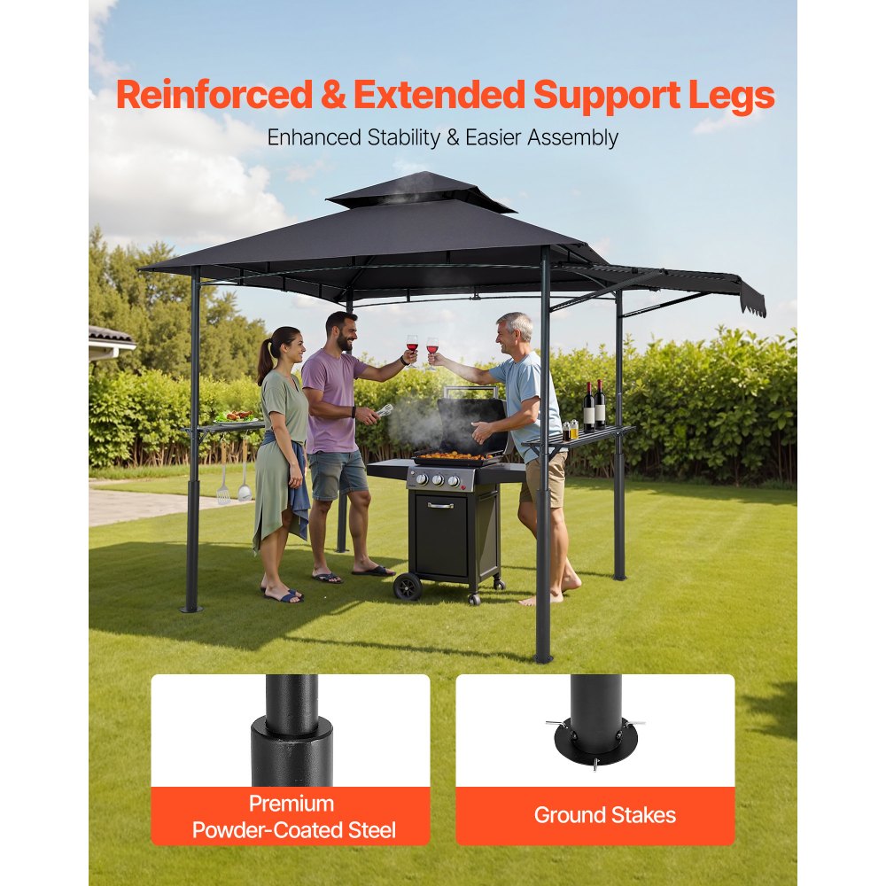 VEVOR Grill Gazebo, 8 x 5 ft Double-Tiered Top, Reinforced BBQ Gazebo with Extra Awning, Powder-Coated Steel Patio Grill Shelter with 2 Side Shelves & Hooks, Outdoor Grilling Canopy for Garden