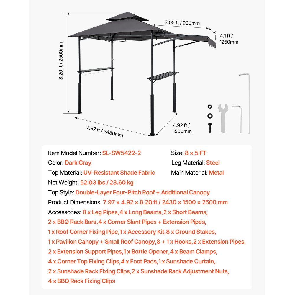 VEVOR Grill Gazebo, 8 x 5 ft Double-Tiered Top, Reinforced BBQ Gazebo with Extra Awning, Powder-Coated Steel Patio Grill Shelter with 2 Side Shelves & Hooks, Outdoor Grilling Canopy for Garden