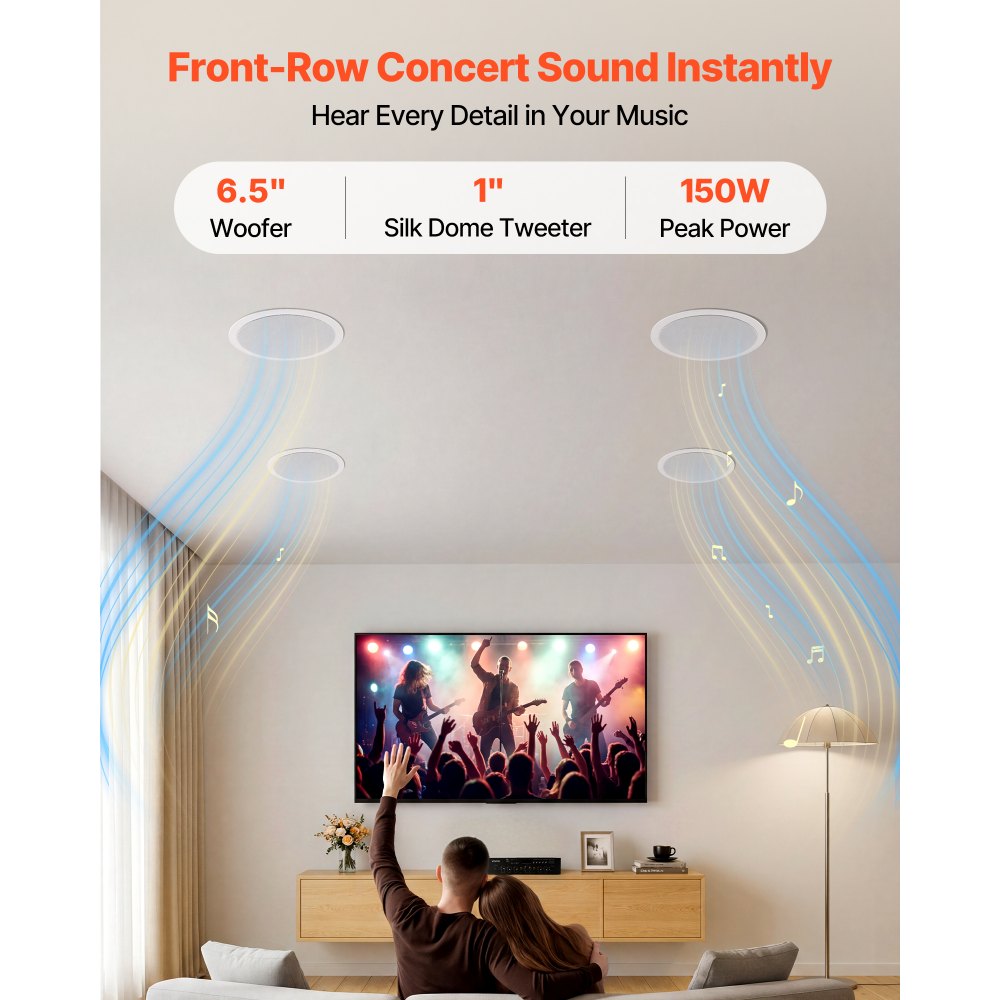 VEVOR Bluetooth Ceiling Speakers, 6.5", In Ceiling & In-Wall Speaker System with Amplifier, 2-Way, for Damp and Humid Placement, Home Theater, Covered Outdoor Patio and Flush Mount Wired, 4 Speakers