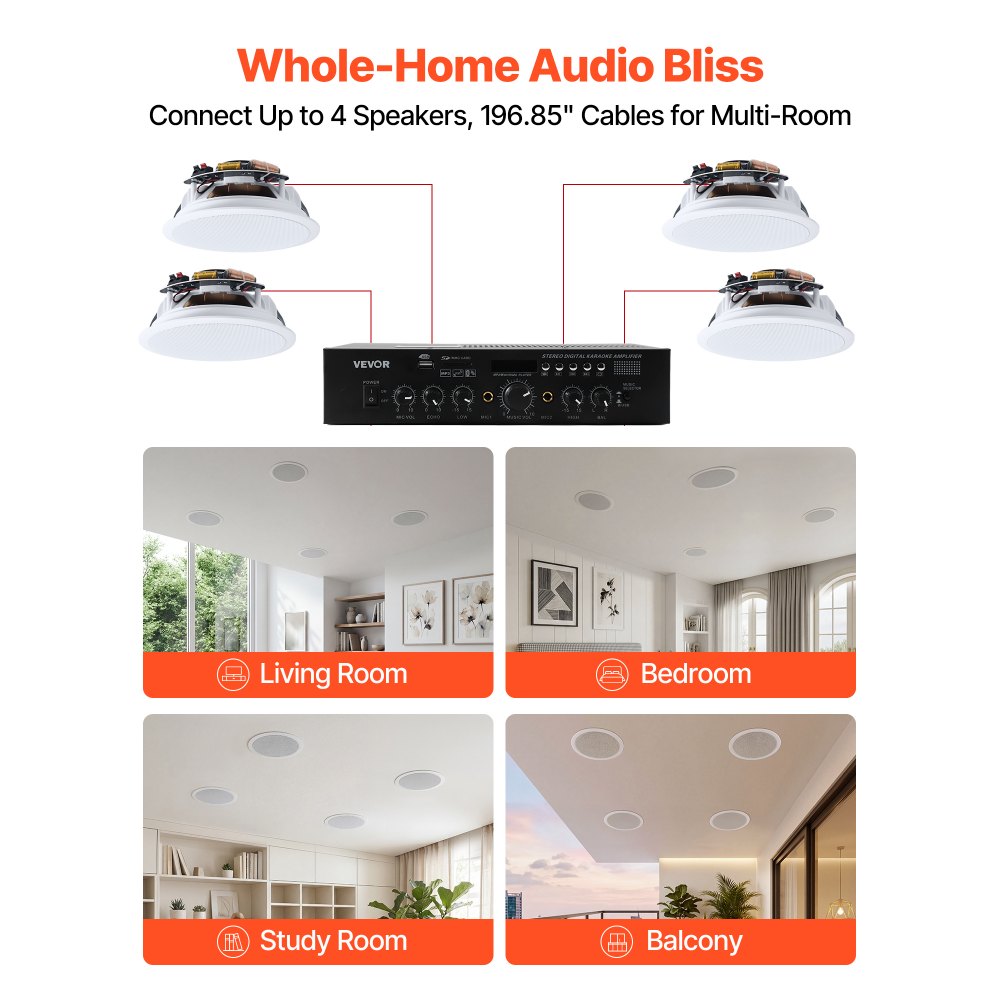 VEVOR Bluetooth Ceiling Speakers, 6.5", In Ceiling & In-Wall Speaker System with Amplifier, 2-Way, for Damp and Humid Placement, Home Theater, Covered Outdoor Patio and Flush Mount Wired, 4 Speakers