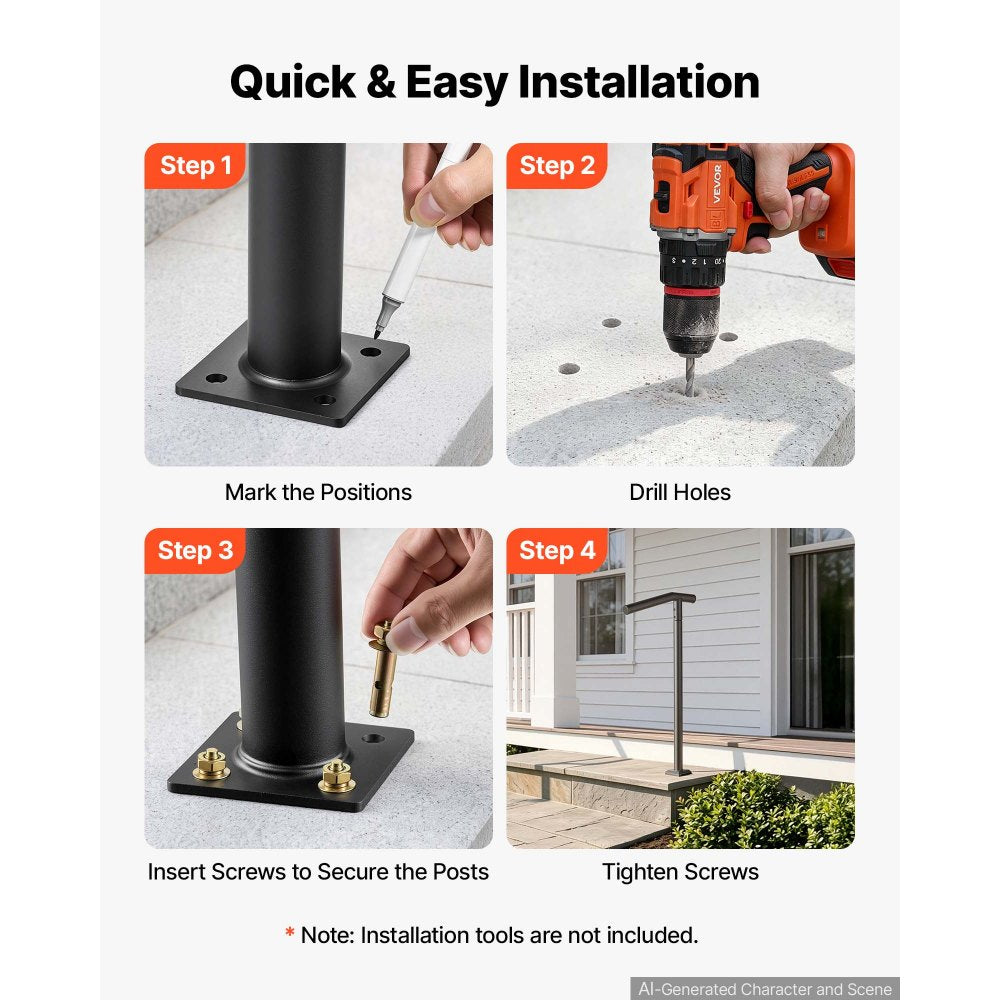 VEVOR Handrails for Outdoor Steps, 1-2 Step Stair Hand Rail Kit Single Post, Black Round Tube Stair Rails for Seniors, Concrete Steps & Porch & Deck, Heavy-Duty Galvanized Steel Railings w/ Drill Bit