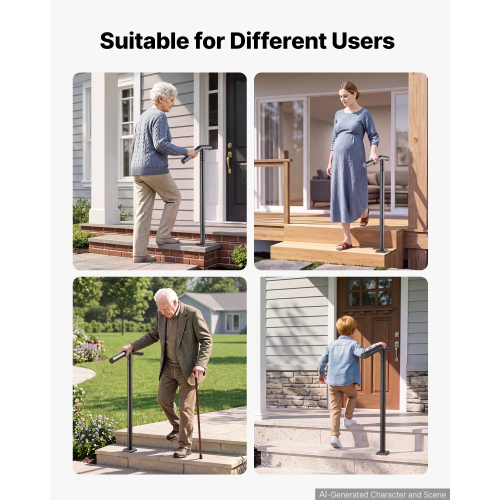 VEVOR Handrails for Outdoor Steps, 1-2 Step Stair Hand Rail Kit Single Post, Black Round Tube Stair Rails for Seniors, Concrete Steps & Porch & Deck, Heavy-Duty Galvanized Steel Railings w/ Drill Bit