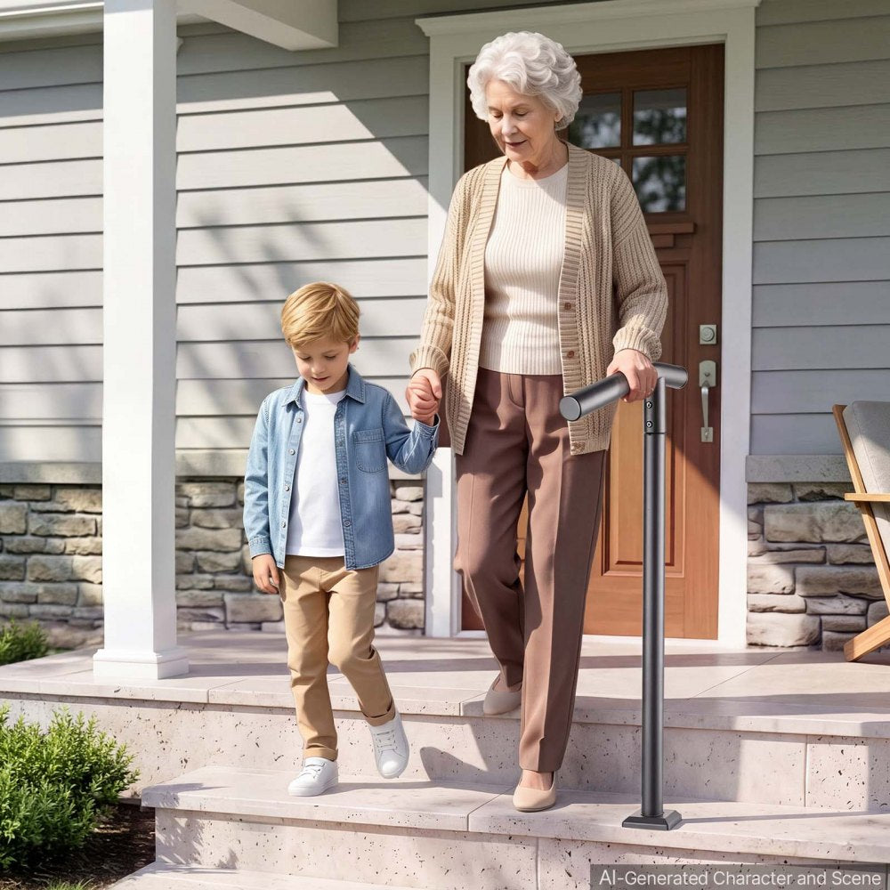 VEVOR Handrails for Outdoor Steps, 1-2 Step Stair Hand Rail Kit Single Post, Black Round Tube Stair Rails for Seniors, Concrete Steps & Porch & Deck, Heavy-Duty Galvanized Steel Railings w/ Drill Bit