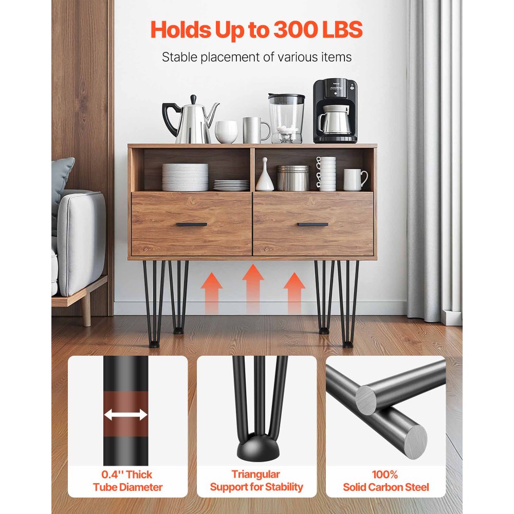 VEVOR Hairpin Table Legs 20\" Black Set of 4 Desk Legs 880lbs Load Capacity (Each 220lbs) Hairpin Desk Legs 3 Rods for Bench Desk Dining End Table Chairs Carbon Steel DIY Heavy Duty Furniture Legs